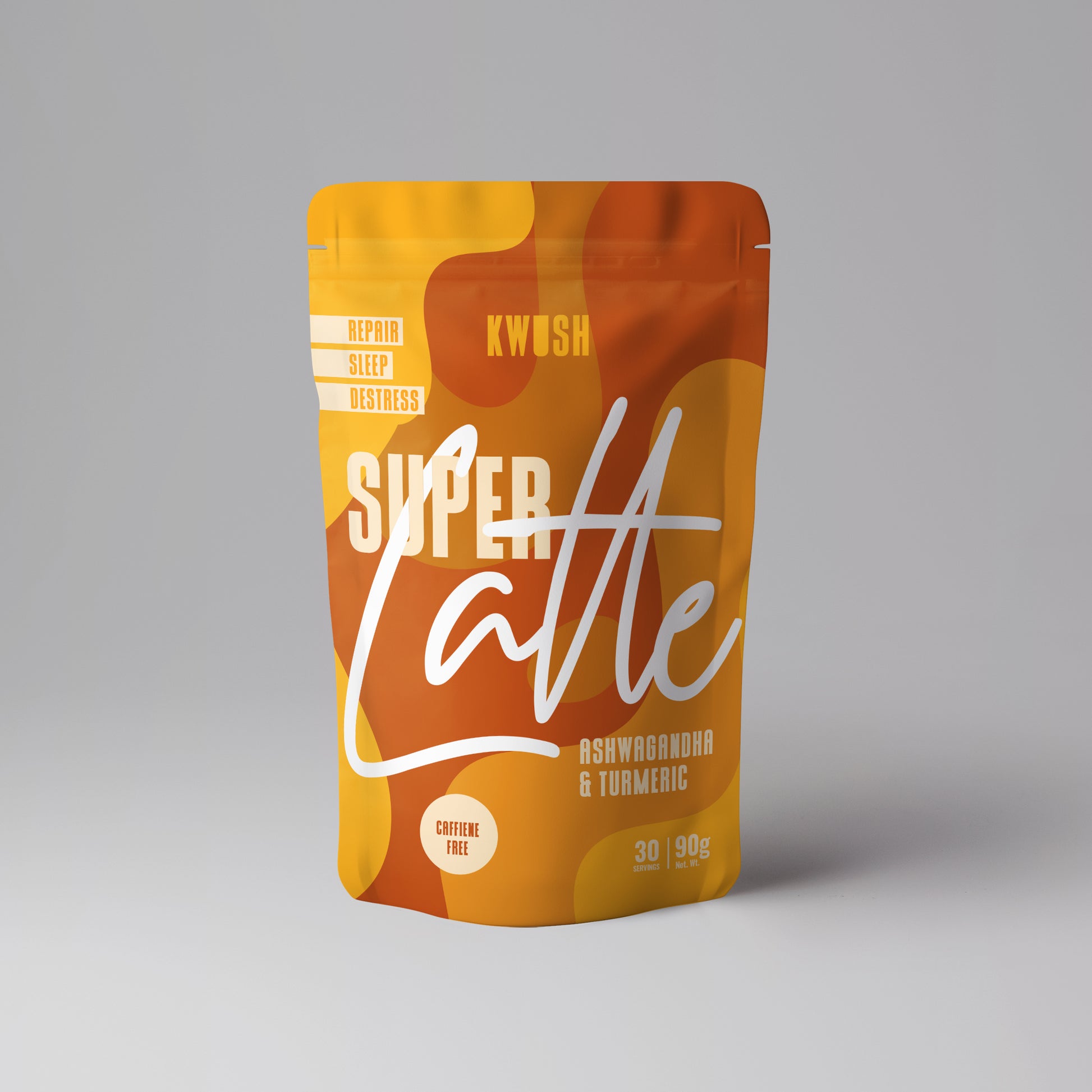 Packet of Kwush Super Latte Golden Powder containing Ashwagandha and turmeric as well as other health beneficial ingredients. It is a coffee alternative that is caffeine free